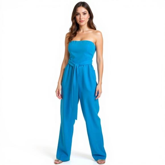 Monteau Los Angeles Strapless Jumpsuit Women's Sz M Blue Belted Pockets Back Zip - Picture 3 of 15